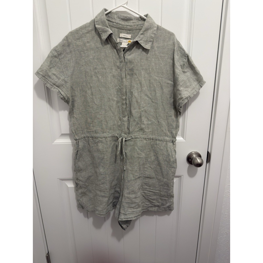 C&C California 100% Linen Romper Sage Green Button‎ Front Drawstring Waist Large